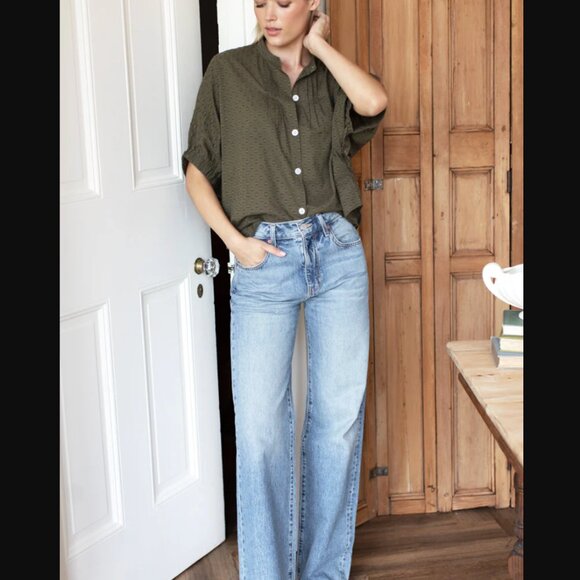 Emerson Fry Mandarin Collar Top in Swiss Dot in Moss | OS - Picture 6 of 9